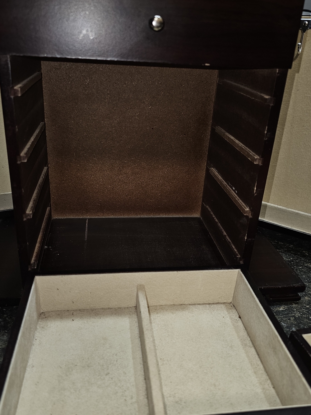 Antique Wood Jewelry Organizer Chest in Med Brown Finish - Picture 9 of 14